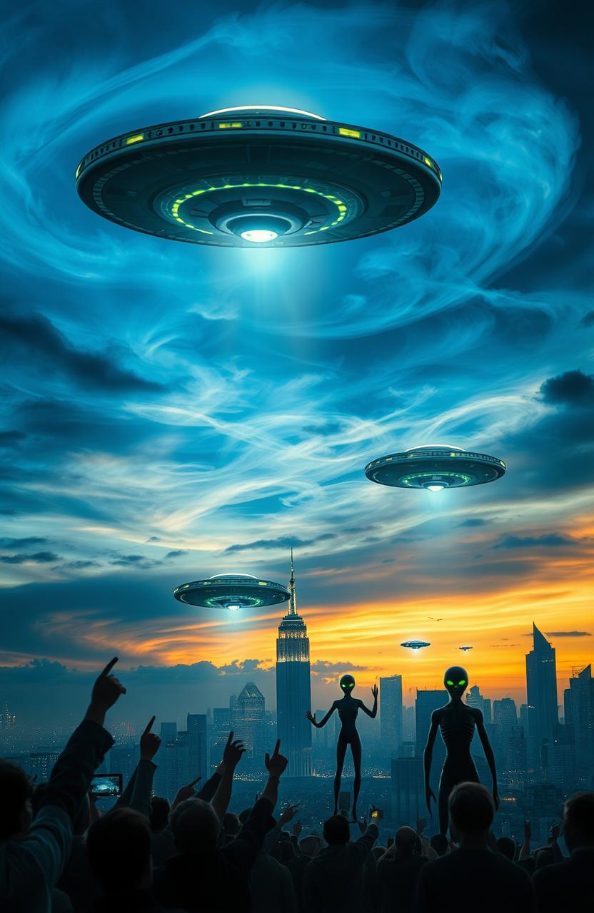 A dramatic scene depicting an alien invasion, featuring futuristic alien spacecraft hovering majestically over a city skyline at dusk