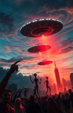 A dramatic scene depicting an alien invasion, featuring futuristic alien spacecraft hovering majestically over a city skyline at dusk