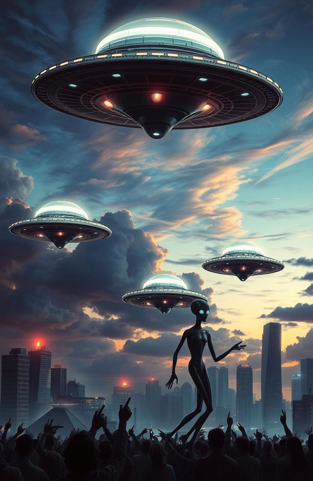 A dramatic scene depicting an alien invasion, featuring futuristic alien spacecraft hovering majestically over a city skyline at dusk