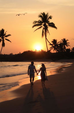 A serene sunset over a tranquil beach, the golden sun dipping below the horizon, casting warm orange and pink hues across the sky