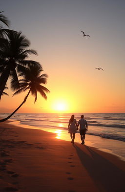 A serene sunset over a tranquil beach, the golden sun dipping below the horizon, casting warm orange and pink hues across the sky