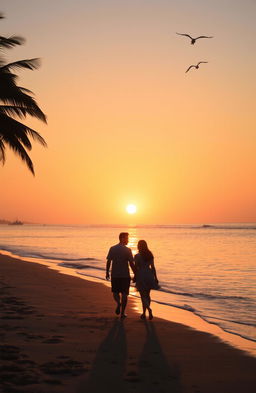 A serene sunset over a tranquil beach, the golden sun dipping below the horizon, casting warm orange and pink hues across the sky