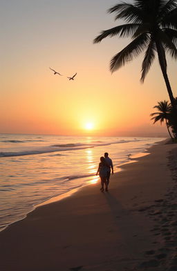 A serene sunset over a tranquil beach, the golden sun dipping below the horizon, casting warm orange and pink hues across the sky