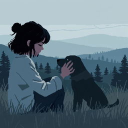 Pixel art depicting a sad person gently petting a dog, with silhouettes in the background on a natural landscape