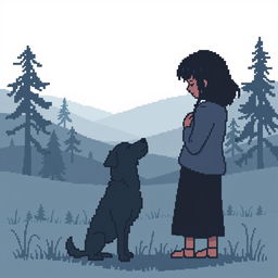 Pixel art depicting a sad person gently petting a dog, with silhouettes in the background on a natural landscape