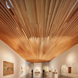 Design an art museum exhibition area filled with diverse display objects and artifacts. Noteworthy feature is a meticulously crafted wooden ceiling design that lends warmth and texture to the space.