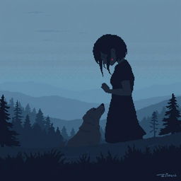 Pixel art depicting a sad person gently petting a dog, with silhouettes in the background on a natural landscape