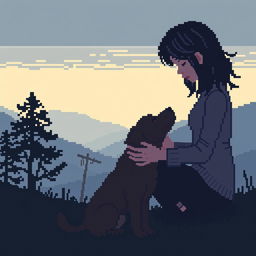 Pixel art depicting a sad person gently petting a dog, with silhouettes in the background on a natural landscape