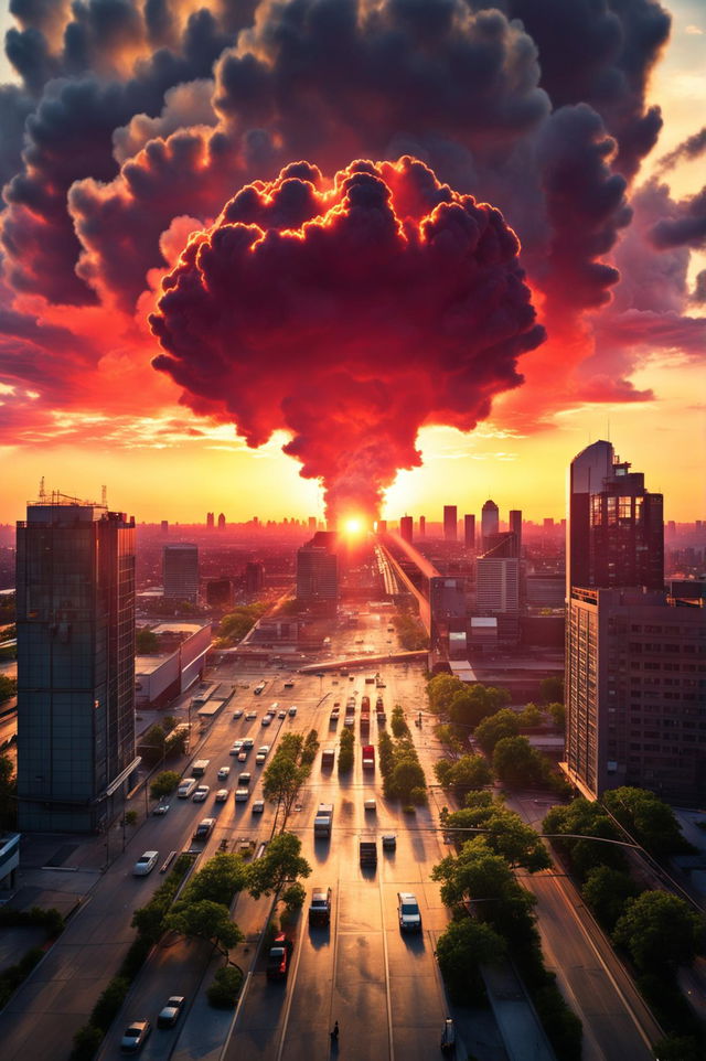 This ultra-wide angle shot captures a modern city at sunset, disrupted by an undetonated atomic bomb in the sky