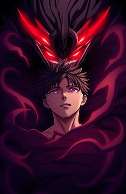 An intense anime scene featuring a male character who appears to be under the control of a mysterious figure