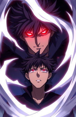 An intense anime scene featuring a male character who appears to be under the control of a mysterious figure