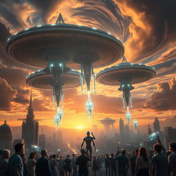 A stunning visual of an alien invasion, showcasing massive, intricately designed alien motherships hovering above a futuristic metropolis at sunset
