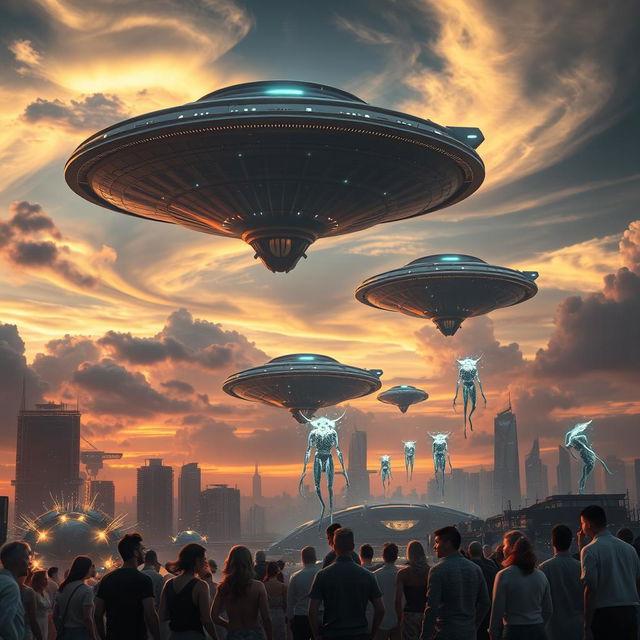 A stunning visual of an alien invasion, showcasing massive, intricately designed alien motherships hovering above a futuristic metropolis at sunset