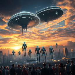A stunning visual of an alien invasion, showcasing massive, intricately designed alien motherships hovering above a futuristic metropolis at sunset
