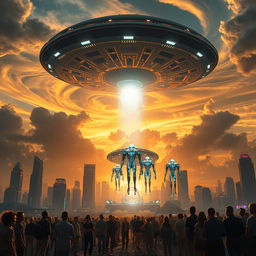 A stunning visual of an alien invasion, showcasing massive, intricately designed alien motherships hovering above a futuristic metropolis at sunset