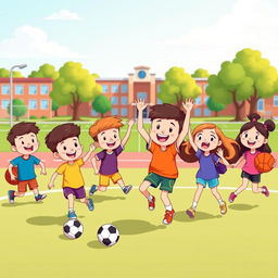A cheerful cartoon scene showcasing happy school students engaging in various sports activities at a school playground