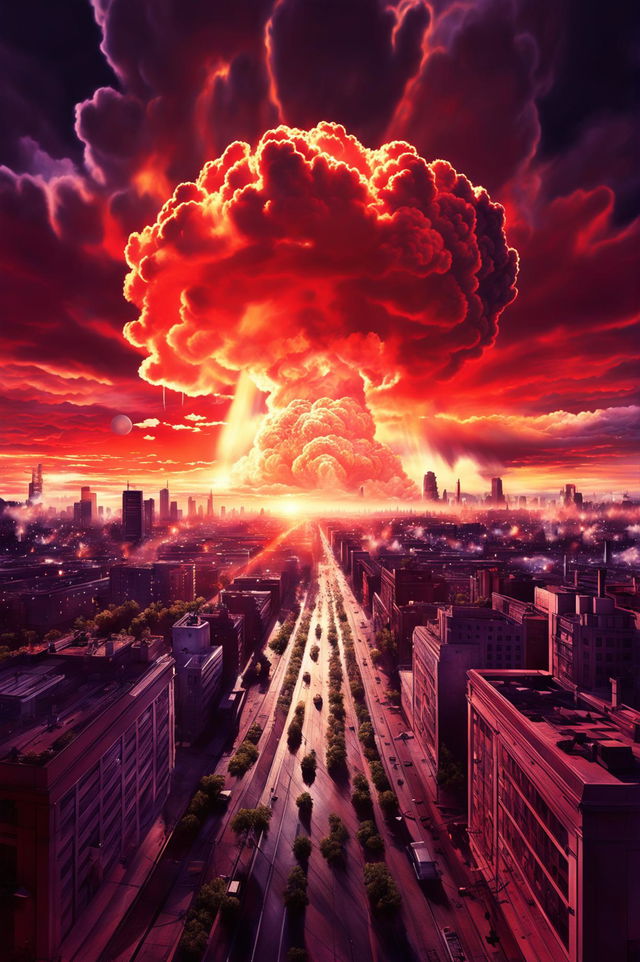 An ultra-wide angle digital art of a modern city under the shadow of a massive atomic bomb explosion