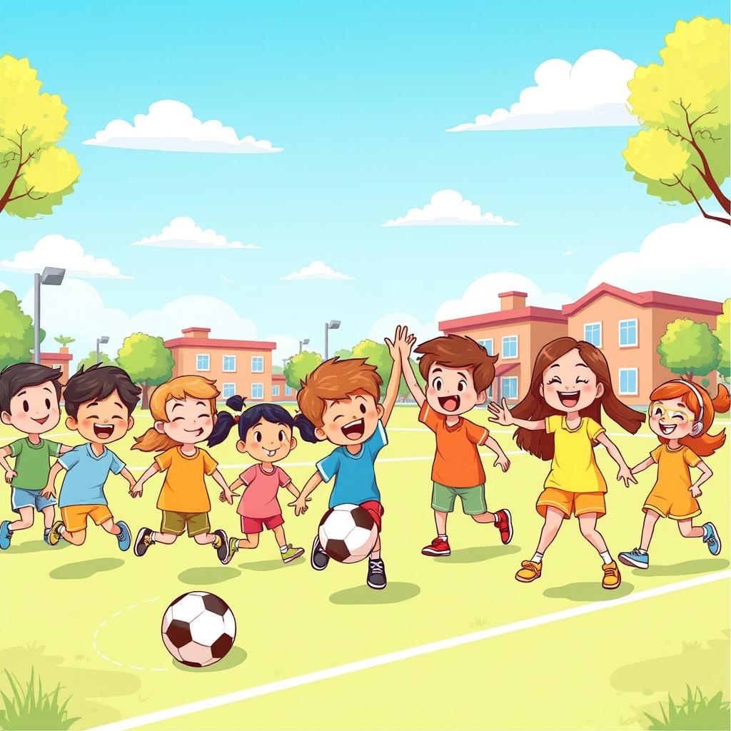 A cheerful cartoon scene showcasing happy school students engaging in various sports activities at a school playground