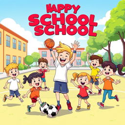 A cheerful cartoon scene showcasing happy school students engaging in various sports activities at a school playground