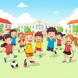 A cheerful cartoon scene showcasing happy school students engaging in various sports activities at a school playground