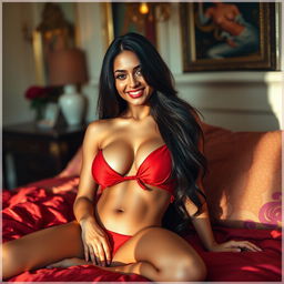 A stunning Brazilian woman in a luxurious bedroom setting, lounging on a plush bed adorned with rich, colorful linens