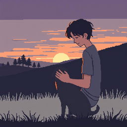 Pixel art depicting a sad person gently petting a dog, with silhouettes of distant trees and landscapes in a natural setting