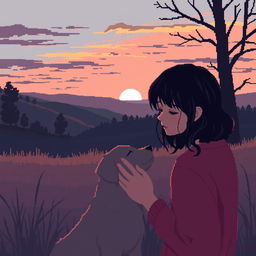 Pixel art depicting a sad person gently petting a dog, with silhouettes of distant trees and landscapes in a natural setting