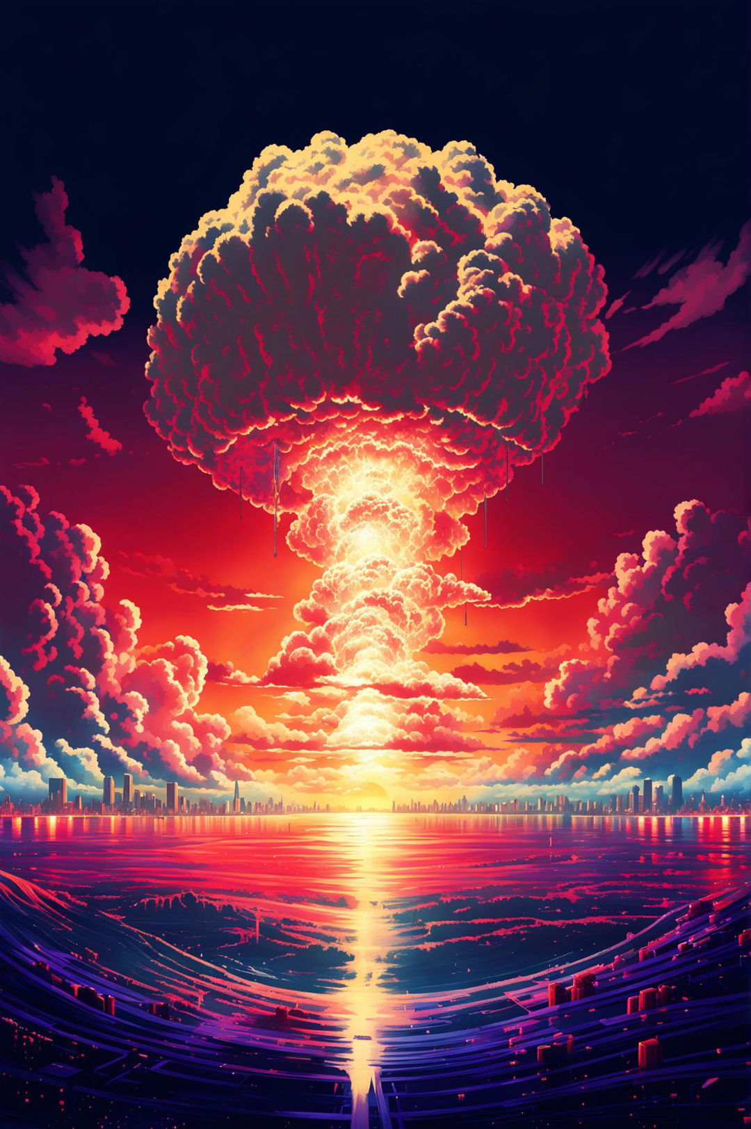 An ultra-wide angle digital art depicting a modern city under the threat of a nuclear explosion, set against a sunset horizon