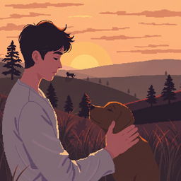 Pixel art depicting a sad person gently petting a dog, with silhouettes of distant trees and landscapes in a natural setting