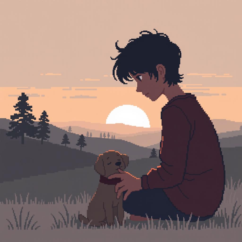 Pixel art depicting a sad person gently petting a dog, with silhouettes of distant trees and landscapes in a natural setting