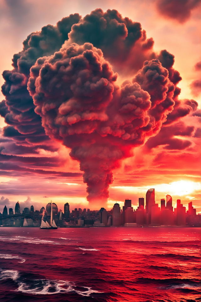 A high-resolution, ultra-wide angle photograph of a nuclear bomb detonating in a modern city, set against a brilliant sunset horizon