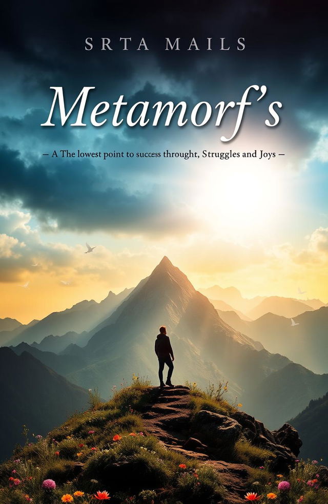 A visually inspiring book cover for a title "Metamorf's" which symbolizes a person's journey from the lowest point to success through struggles and joys