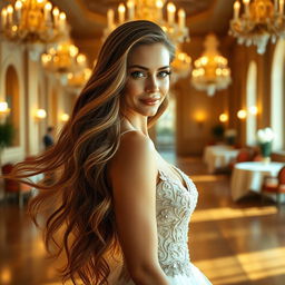 A stunning, realistic portrait of a beautiful woman with flowing long hair cascading down her shoulders