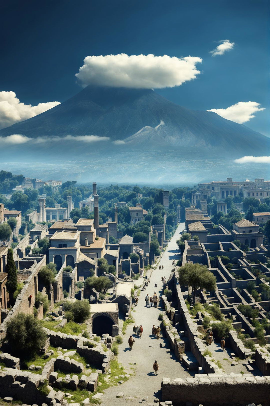 A high-definition, wide-angle cinematic photograph of Pompeii in 79 A