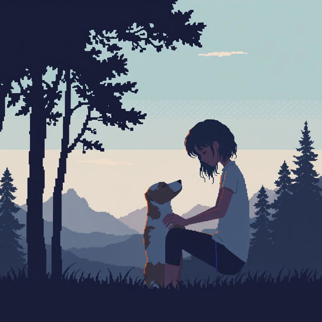 A pixel art scene depicting a sad person gently petting a dog, with silhouettes of trees and mountains in the background