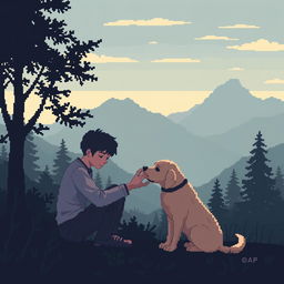 A pixel art scene depicting a sad person gently petting a dog, with silhouettes of trees and mountains in the background