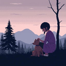 A pixel art scene depicting a sad person gently petting a dog, with silhouettes of trees and mountains in the background