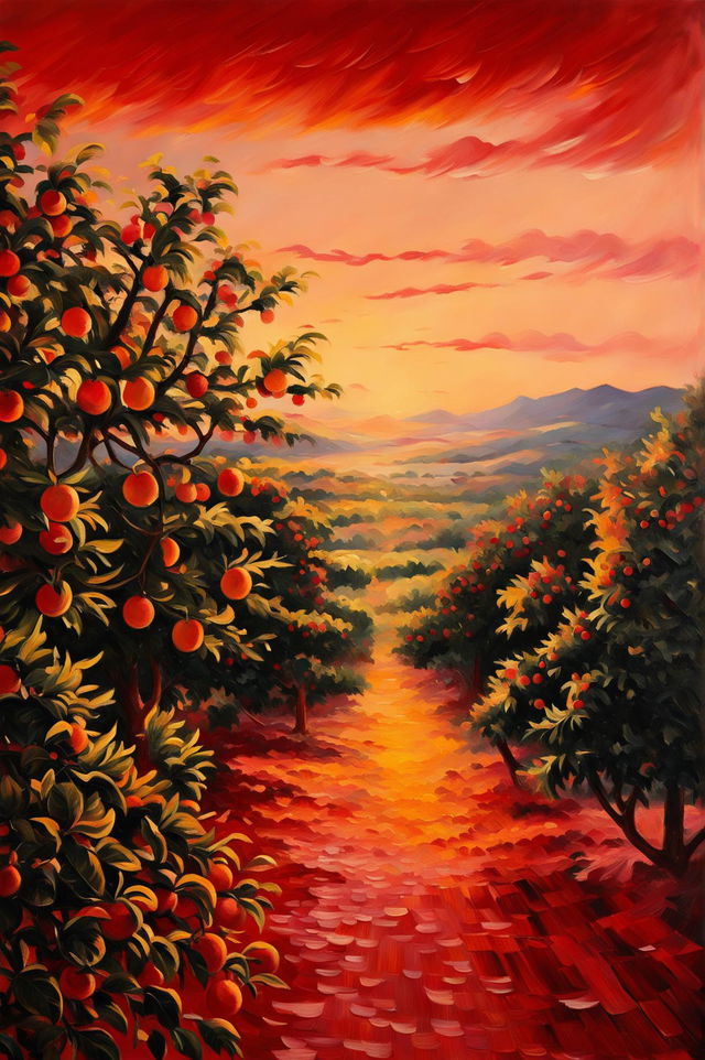 An oil painting of a fruiting orange orchard in the Mediterranean at sunset