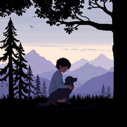 A pixel art scene depicting a sad person gently petting a dog, with silhouettes of trees and mountains in the background