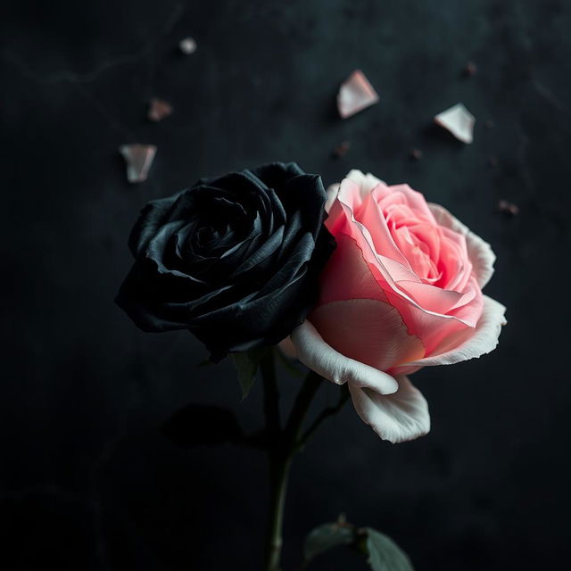 A deeply emotional image featuring two roses at the center: a black rose and a pink rose, positioned close yet not touching, symbolizing the connection and contrast between two souls