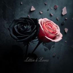 A deeply emotional image featuring two roses at the center: a black rose and a pink rose, positioned close yet not touching, symbolizing the connection and contrast between two souls