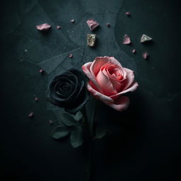 A deeply emotional image featuring two roses at the center: a black rose and a pink rose, positioned close yet not touching, symbolizing the connection and contrast between two souls