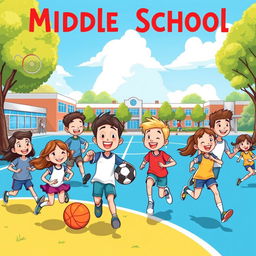 A lively cartoon scene depicting happy middle school students engaging in various sports activities
