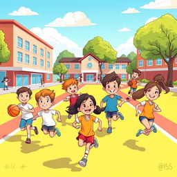 A lively cartoon scene depicting happy middle school students engaging in various sports activities