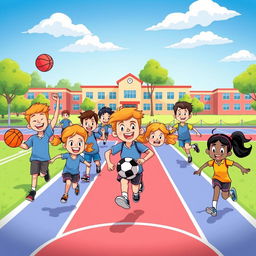 A lively cartoon scene depicting happy middle school students engaging in various sports activities