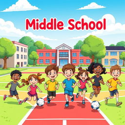 A lively cartoon scene depicting happy middle school students engaging in various sports activities
