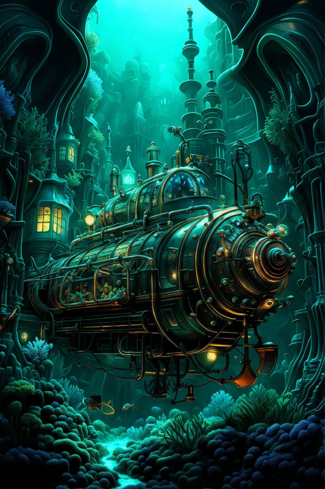 A high-quality digital art piece showcasing a steampunk submarine discovering the lost city of Atlantis