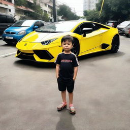 Gambar digital berkualitas tinggi menampilkan seorang anak muda kaya raya berdiri di samping mobil Lamborghini mewahnya di jalan kota