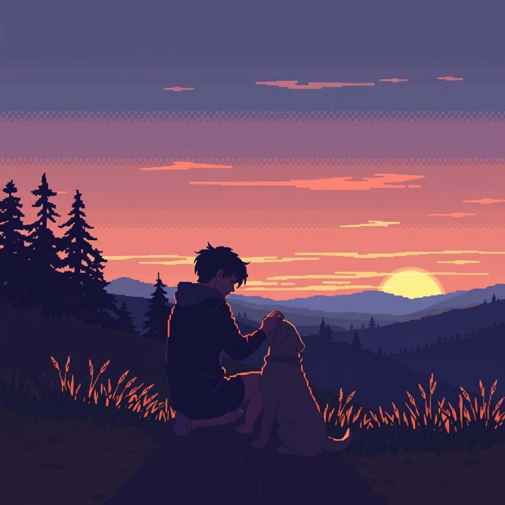 A pixel art scene depicting a melancholic person gently petting a dog, with silhouettes of distant trees and hills in a natural setting