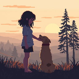 A pixel art scene depicting a melancholic person gently petting a dog, with silhouettes of distant trees and hills in a natural setting